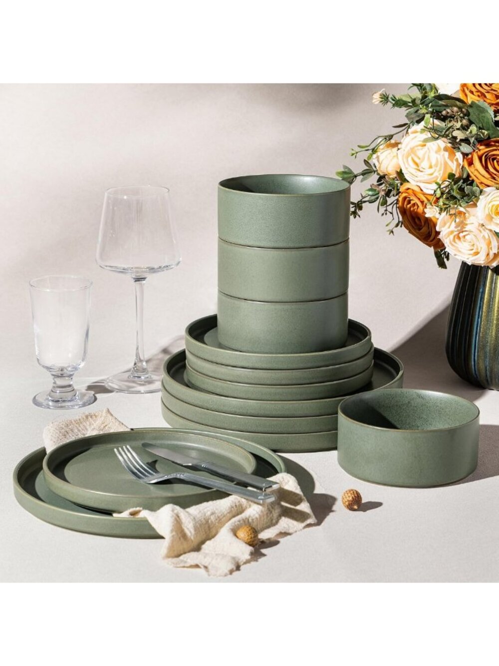 Stylish Stoneware Dinnerware Set for 4 | 12-Piece Matte Plates & Bowls